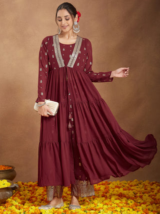 Maroon Georgette Foil Print Anarkali Style Kurta Pant Set