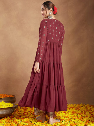 Maroon Georgette Foil Print Anarkali Style Kurta Pant Set