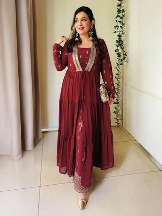Maroon Georgette Embellished Foil Print Open Tiered Kurta Bottom Set