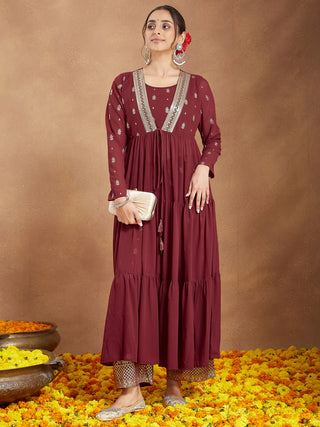 Maroon Georgette Embellished Foil Print Open Tiered Kurta Bottom Set