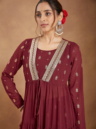 Maroon Georgette Embellished Foil Print Open Tiered Kurta Bottom Set