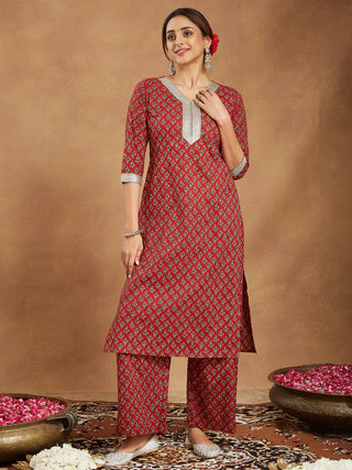 Maroon Cotton Printed Kurta Bottom Set