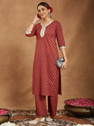 Maroon Cotton Printed Kurta Bottom Set