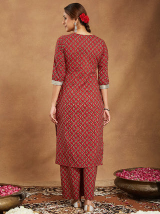 Maroon Cotton Printed Kurta Bottom Set
