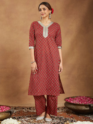 Maroon Cotton Printed Kurta Bottom Set