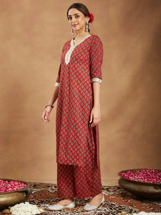 Maroon Cotton Printed Kurta Bottom Set