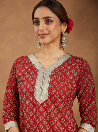 Maroon Cotton Printed Kurta Bottom Set