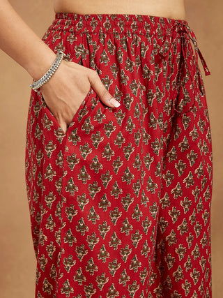 Maroon Cotton Printed Kurta Bottom Set