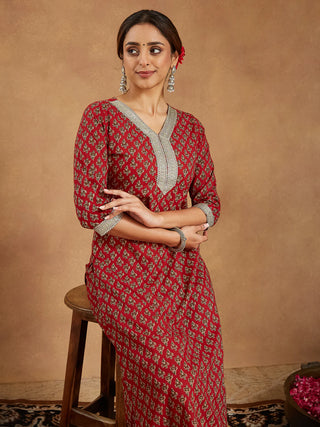 Maroon Cotton Printed Kurta Bottom Set