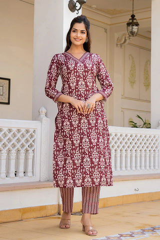 Maroon Rayon Blend Ethnic Motif Printed Straight Shape Suit Set with Dupatta