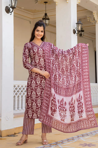 Maroon Rayon Blend Ethnic Motif Printed Straight Shape Suit Set with Dupatta