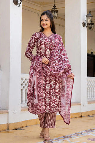 Maroon Rayon Blend Ethnic Motif Printed Straight Shape Suit Set with Dupatta