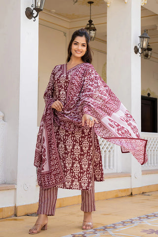 Maroon Rayon Blend Ethnic Motif Printed Straight Shape Suit Set with Dupatta