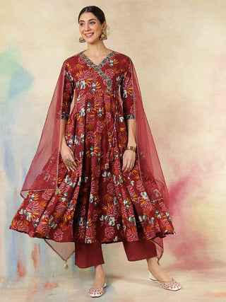 Maroon Cotton Printed & Embroidered Anarkali Style Suit Set with Dupatta