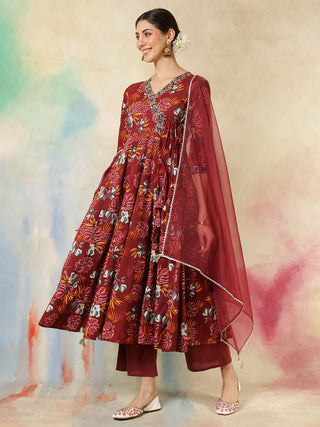 Maroon Cotton Printed & Embroidered Anarkali Style Suit Set with Dupatta