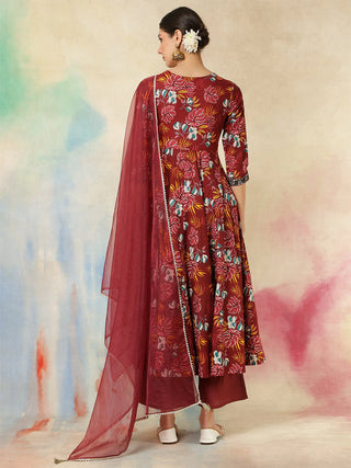 Maroon Cotton Printed & Embroidered Anarkali Style Suit Set with Dupatta