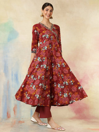 Maroon Cotton Printed & Embroidered Anarkali Style Suit Set with Dupatta