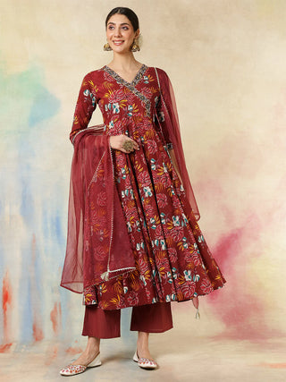 Maroon Cotton Printed & Embroidered Anarkali Style Suit Set with Dupatta