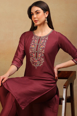 Maroon Silk Blend Solid Floral Embroidered Straight Cut Kurta