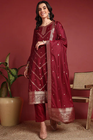 Maroon Silk Blend Ethnic Motif Designed Suit Set with Dupatta