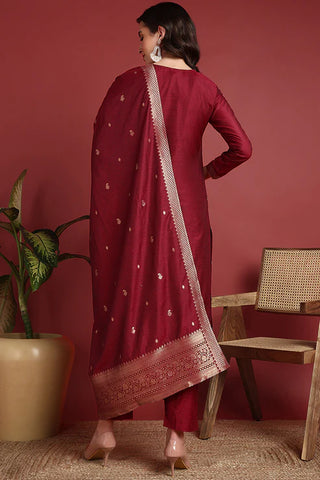 Maroon Silk Blend Ethnic Motif Designed Suit Set with Dupatta