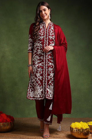 Maroon Silk Blend Embroidered Straight Shape Suit Set with Dupatta