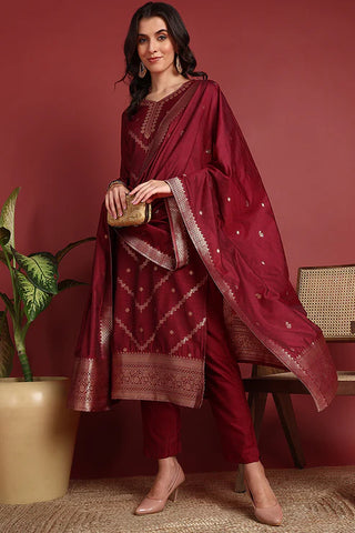 Maroon Silk Blend Ethnic Motif Designed Suit Set with Dupatta