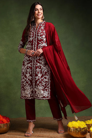 Maroon Silk Blend Embroidered Straight Shape Suit Set with Dupatta