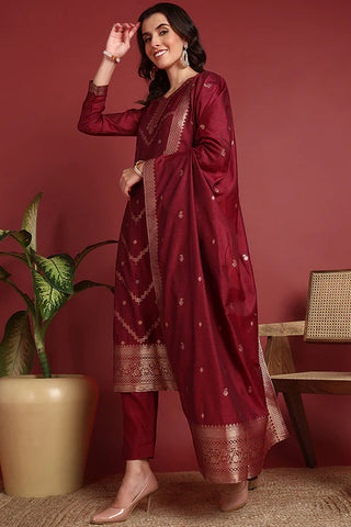 Maroon Silk Blend Ethnic Motif Designed Suit Set with Dupatta