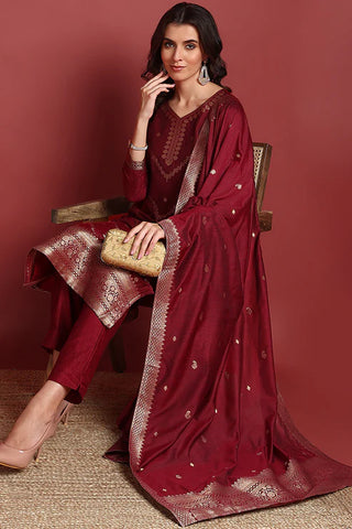 Maroon Silk Blend Ethnic Motif Designed Suit Set with Dupatta