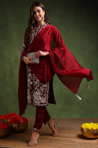 Maroon Silk Blend Embroidered Straight Shape Suit Set with Dupatta