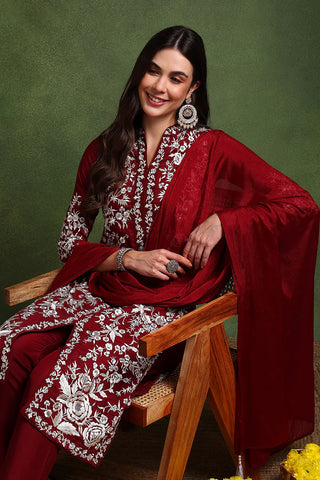 Maroon Silk Blend Embroidered Straight Shape Suit Set with Dupatta