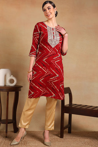 Maroon Viscose Rayon Chevron Print Straight Shape Kurta