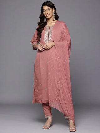 Mauve Silk Blend Ethnic Motif Zari Embroidered Straight Shape Suit Set with Silk Chiffon Dupatta