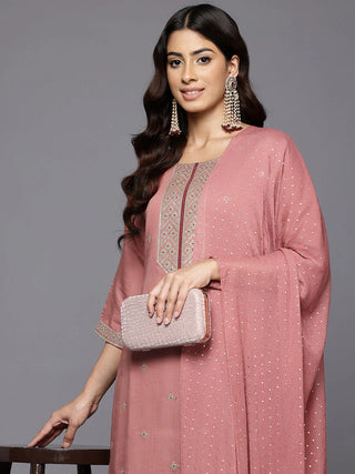 Mauve Silk Blend Ethnic Motif Zari Embroidered Straight Shape Suit Set with Silk Chiffon Dupatta