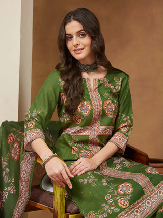 Mehendi Green Cotton Blend Floral Print Suit Set with Chanderi Blend Dupatta