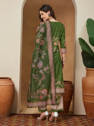 Mehendi Green Cotton Blend Floral Print Suit Set with Chanderi Blend Dupatta