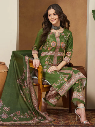 Mehendi Green Cotton Blend Floral Print Suit Set with Chanderi Blend Dupatta
