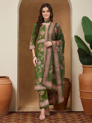 Mehendi Green Cotton Blend Floral Print Suit Set with Chanderi Blend Dupatta