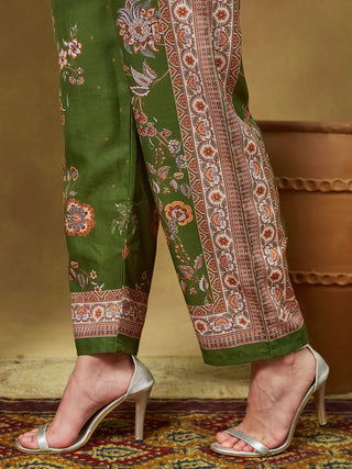 Mehendi Green Cotton Blend Floral Print Suit Set with Chanderi Blend Dupatta