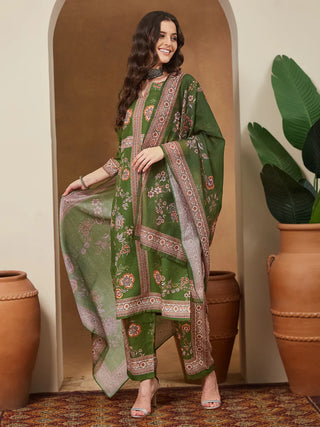 Mehendi Green Cotton Blend Floral Print Suit Set with Chanderi Blend Dupatta