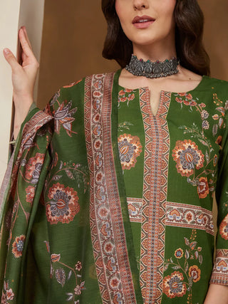 Mehendi Green Cotton Blend Floral Print Suit Set with Chanderi Blend Dupatta
