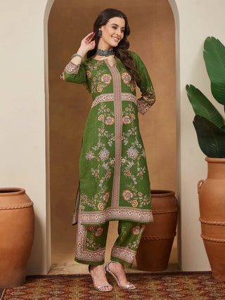 Mehendi Green Cotton Blend Floral Print Suit Set with Chanderi Blend Dupatta