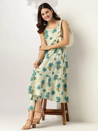 Mint Green Pure Cotton Floral Printed Tiered Kurta Pant Set