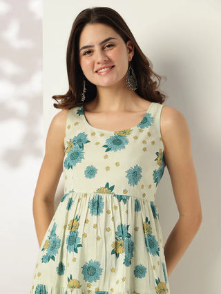 Mint Green Pure Cotton Floral Printed Tiered Kurta Pant Set