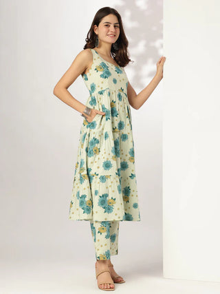 Mint Green Pure Cotton Floral Printed Tiered Kurta Pant Set