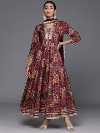 Mauve Silk Floral Print & Gota Patti Detailing Anarkali Kurta with Dupatta