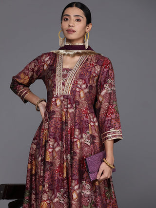 Mauve Silk Floral Print & Gota Patti Detailing Anarkali Kurta with Dupatta