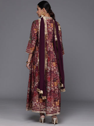 Mauve Silk Floral Print & Gota Patti Detailing Anarkali Kurta with Dupatta