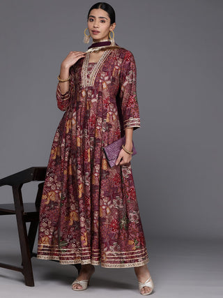 Mauve Silk Floral Print & Gota Patti Detailing Anarkali Kurta with Dupatta